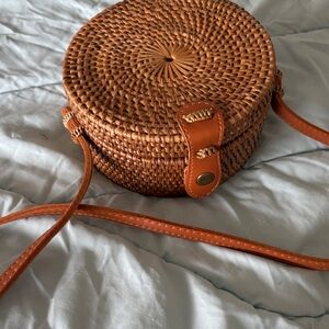 Handcrafted Rattan Circle Crossbody with Leather Trim